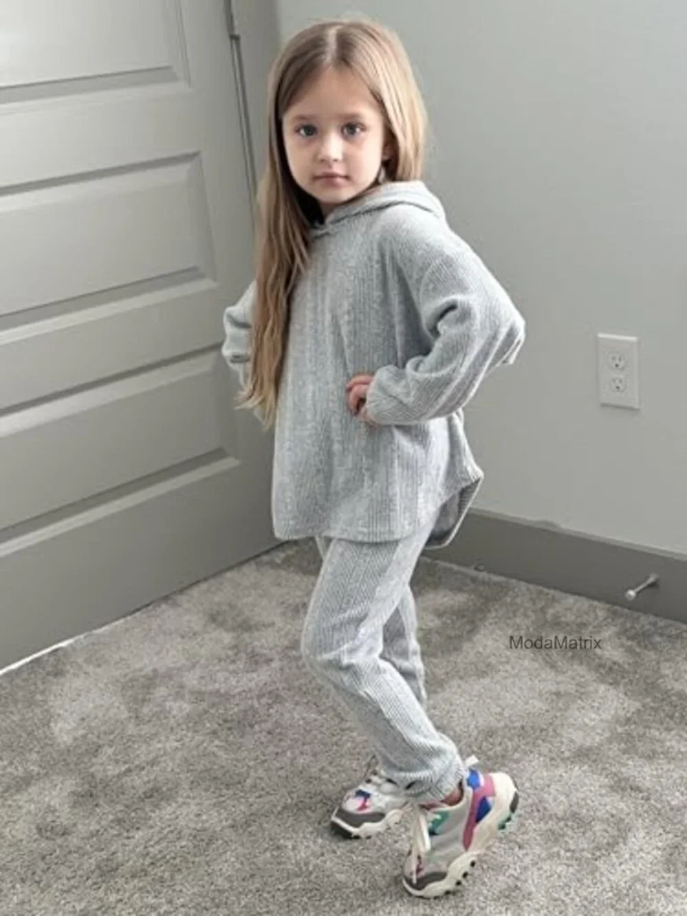 Girls 2-Piece Rib-Knit Sweatsuit Set Long Sleeve Pullover Sweatshirt & Jogger